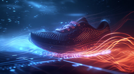 sneaker with glowing blue lights is placed on a futuristic grid with neon lines, creating a high-tech and modern visual effect