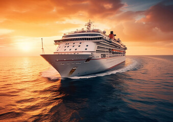 Large cruise ship vayaging on calm water on summer evening with sunset.Macro.AI Generative.