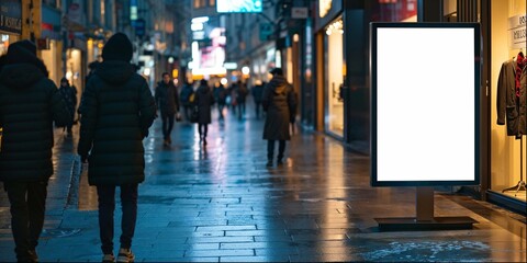 panneau publicitaire lumineux vierge dans une rue piétonne - obrazy, fototapety, plakaty