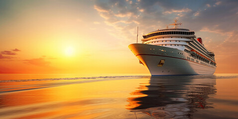 Large cruise ship vayaging on calm water on summer evening with sunset.Macro.AI Generative. - obrazy, fototapety, plakaty