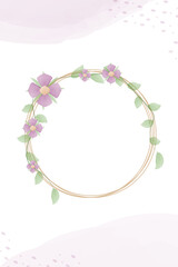 Circle frame with watercolor flowers, leaves and space for text. Beautiful card for celebration, wedding, invitation, greeting. Poster, template. Vector illustration.
