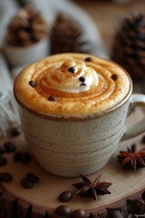 Indulge in a decadent moment of bliss with a steaming cup of creamy coffee topped with rich whipped cream and chocolate chips, a treat for the senses