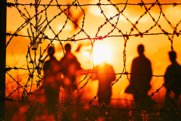 US state border fence. Background with selective focus and copy space