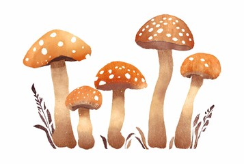 Watercolor Row of Wild Spotted Mushrooms 
