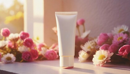 Obraz na płótnie Canvas White blank cream tube, beautiful spring flowers, sun light