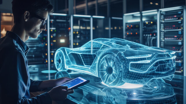 man standing in a server room looking at a tablet, with a holographic projection of a car in front of him