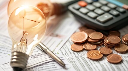 A light bulb, a pen, a calculator and some copper euro cent coins lie on top of an electricity bill