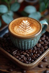 A steaming cup of coffee, adorned with a frothy layer of foam and rich aroma, sits atop a bed of roasted beans, inviting you to savor the comforting warmth and energizing caffeine of this beloved bev