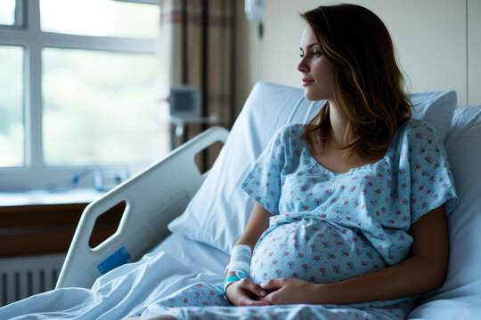 Weary Pregnant Woman Seeking Comfort in Clinic