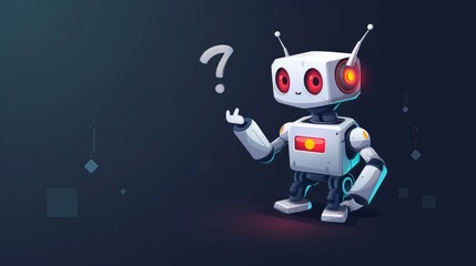 Confused chatbot character, flat vector illustration isolated on dark background. Symbol of error or mistake in mobile app or website. Cute customer support virtual bot