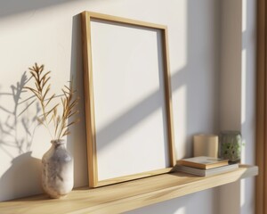 blank empty photo frame mockup sitting on a wooden shelf