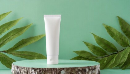 White blank cream tube on round wooden stand and green branch