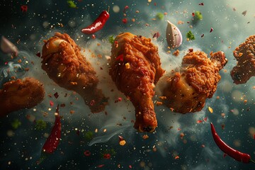 cinematic flying chicken garlic and spices.jpeg - obrazy, fototapety, plakaty