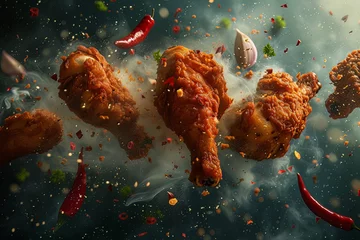 Wandaufkleber cinematic flying chicken garlic and spices.jpeg © Adito