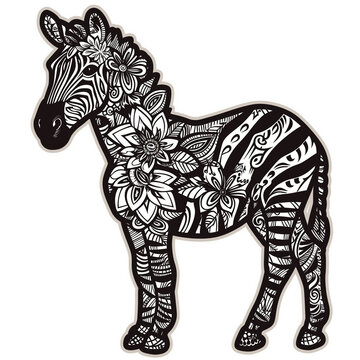 Sticker, black and white zebra in zentangle patterns, zen art, generated AI