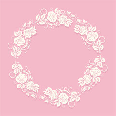 A wreath of roses. Silhouette of white roses on a pink background. Retro ornament. Suitable for romantic cards and valentine's day, and themes related to romantic holidays and events.