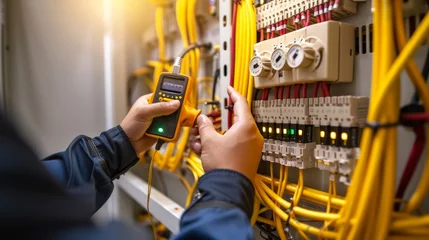 Poster Electricity and electrical maintenance service, Engineer hand holding AC voltmeter checking electric current voltage at circuit breaker terminal and cable wiring main power distribution board © Orxan