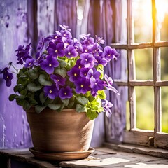 Violet plant in an old clay pot by sunny rustic farmhouse window