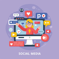 2d vector illustration colorful social media boost , influence blogger E-marketer via Internet pages marketing referral