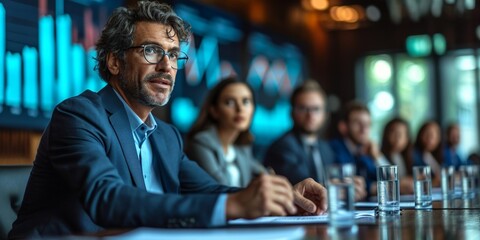Focused business professionals collaborate in a serious office meeting, emphasizing teamwork, success, and cooperation.