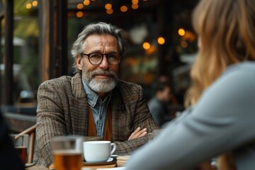 A stylish senior gentleman engaged in a positive conversation with a young lady on a patio, enjoying tea.