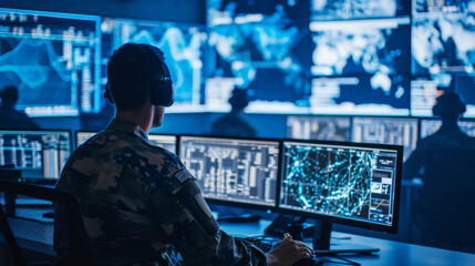military personnel is focused on monitoring multiple computer screens in a high-tech surveillance room with global maps and data on the screens