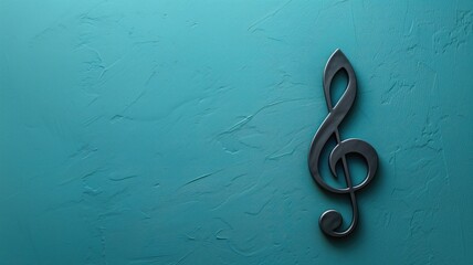 A single music note sculpture against a textured teal wall