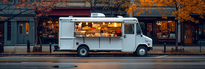 A vintage snack shop in an old van, offering classic comfort on a rainy autumn day.
