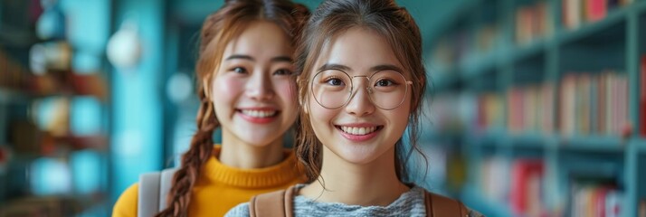 A stylish Japanese student with friends in a library, wearing eyeglasses, smiles cheerfully.