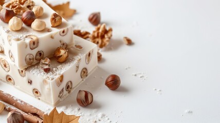 Artisan nougat pieces with hazelnuts and walnuts, dusted with powdered sugar