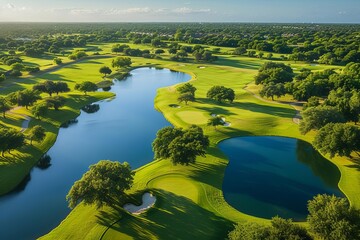 Aerial view of scenic golf course with lush fairways and blue lakes