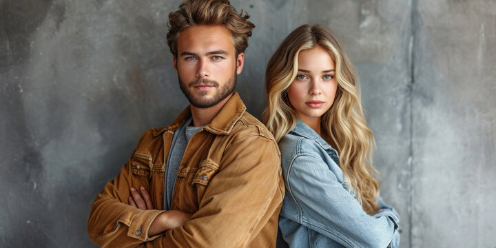 A fashionable and attractive young couple in a casual, stylish pose, showcasing love and elegance.