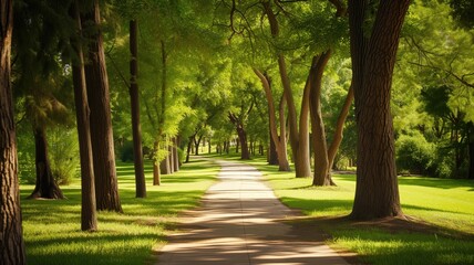 A sunny path leads through a tranquil, lush green park