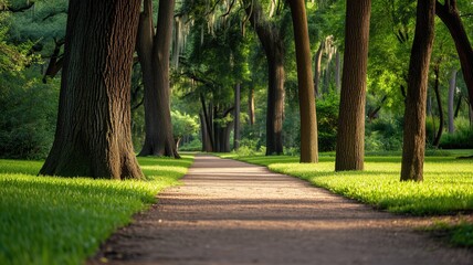 Fototapeta na wymiar Sun-dappled pathway through an avenue of towering trees
