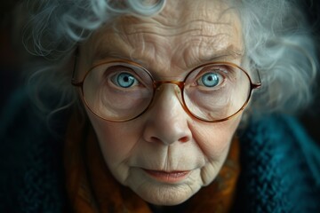 A woman's portrait captures the raw beauty of aging, with her wrinkles and skin telling a story as her piercing eyes and glasses add a touch of wisdom to her captivating face