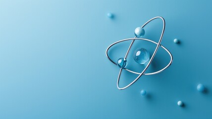 Simplified atomic structure model with orbiting electrons on blue - obrazy, fototapety, plakaty
