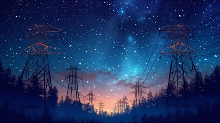 Electricity transmission towers with orange glowing wires the starry night sky. Energy infrastructure concept - obrazy, fototapety, plakaty