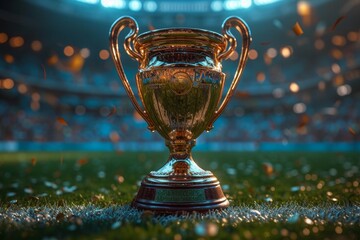 Fototapeta na wymiar A sparkling glass cup filled with grass sits atop a trophy, reflecting the lush green field and capturing the exhilaration of victory in a splash of sunlight