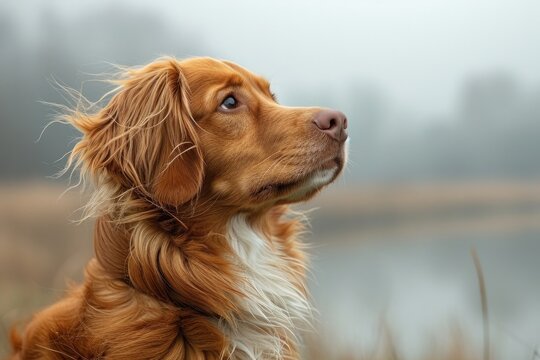 In a meadow by the misty lake, an adorable and faithful furry dog, a spaniel, sits focused.
