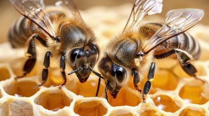 Hardworking bees buzzing around a hive, diligently building honeycombs.