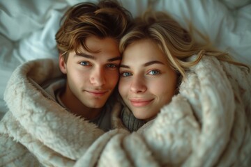 Couple in bed, concept of enjoying the morning. Background with selective focus and copy space