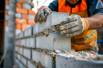 Laying bricks at a construction site. Background with selective focus and copy space