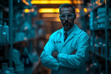 Fototapeta na wymiar A confident man in a crisp lab coat stands tall with his arms crossed, his face framed by sleek glasses, exuding intelligence and purpose in an indoor setting