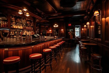 Classic speakeasy bar with dark wood interiors and craft cocktails