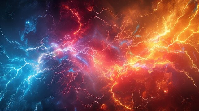 Fototapeta Fire and ice fractal lightning, plasma power background