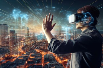 Fototapeta na wymiar A man wearing a virtual reality headset stands in front of a cityscape, immersed in a virtual world.