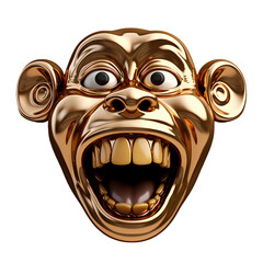 3d highly polished golden Monkey face emoji or icon on removable background 