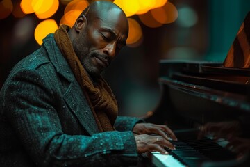 A skilled musician brings soulful melodies to life on a grand piano, his fingers dancing effortlessly across the keys in a dimly lit jazz club - obrazy, fototapety, plakaty