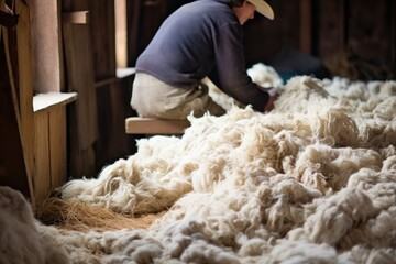 Old farmer works with sheared sheep wool sitting in wooden farm barn traditional craft