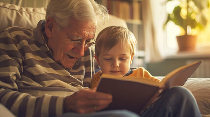 A grandparent reading to a child, the warmth of the shared storytime highlighting the timeless and nurturing nature of love